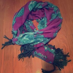Purple and green floral scarf with fringe